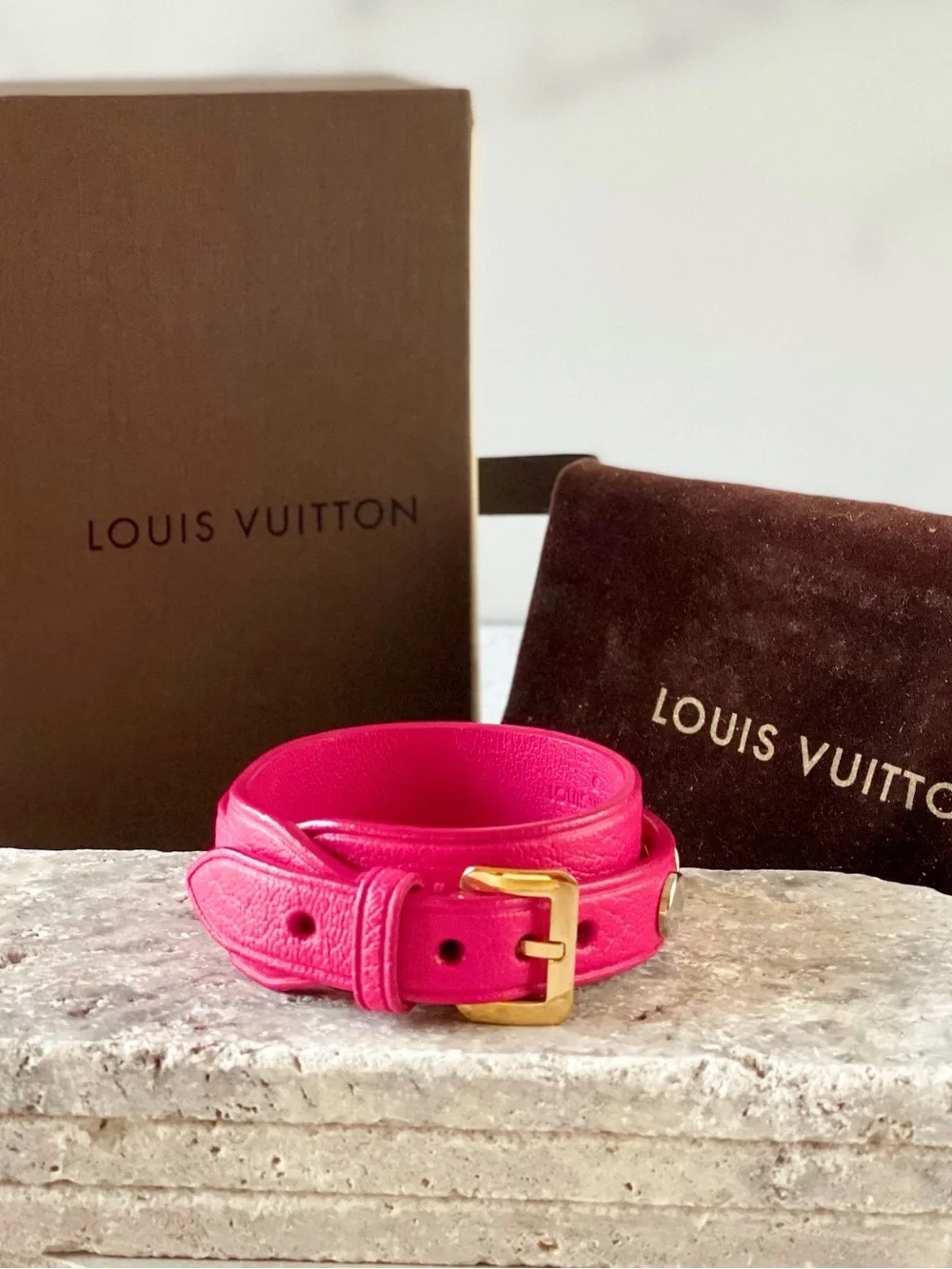 Authentic Louis Vuitton Hot Pink Spike It Leather Stud Wrap Bracelet